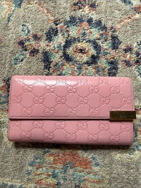 Gucci Pink Patent Embossed GG Continental Wallet with Gold-Tone Plate